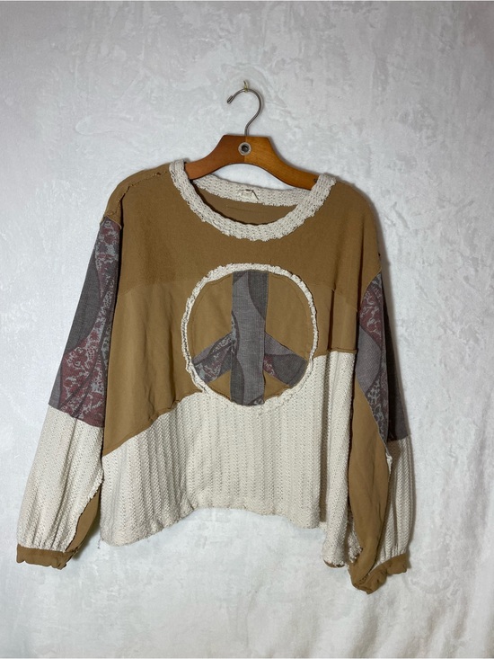 POL Tops - POL Cream and Tan Peace Sign Patchwork Pullover
